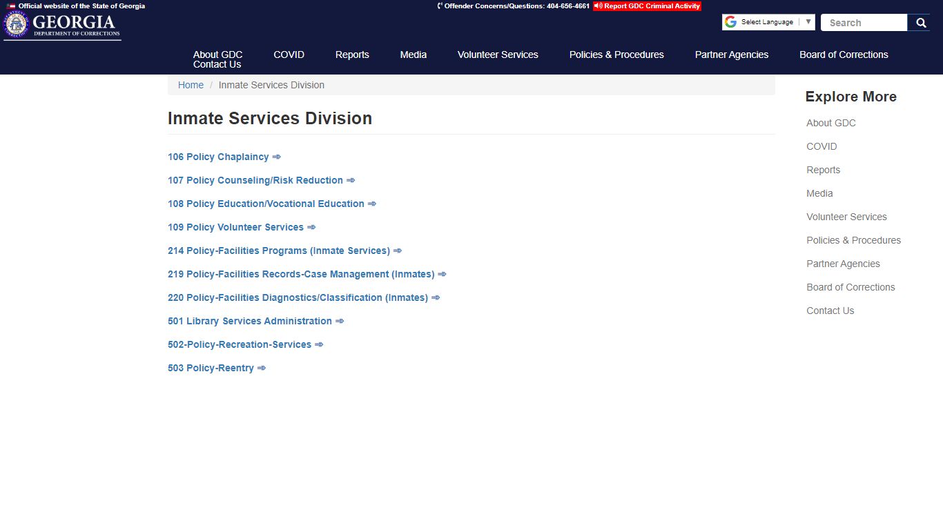 Inmate Services Division | GDC